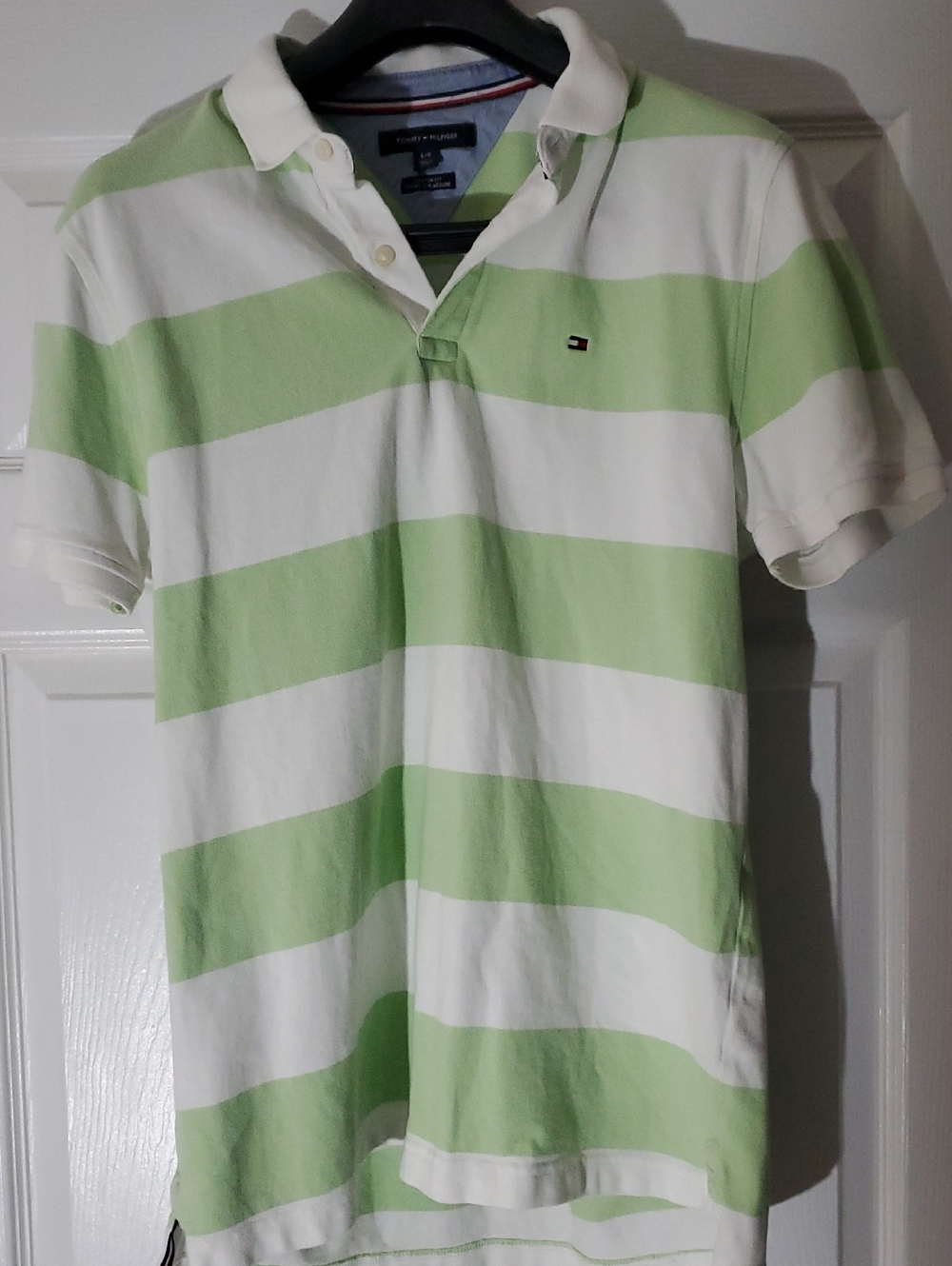 Tommy Hilfiger Light Green and White Horizontal Stripe Polo
